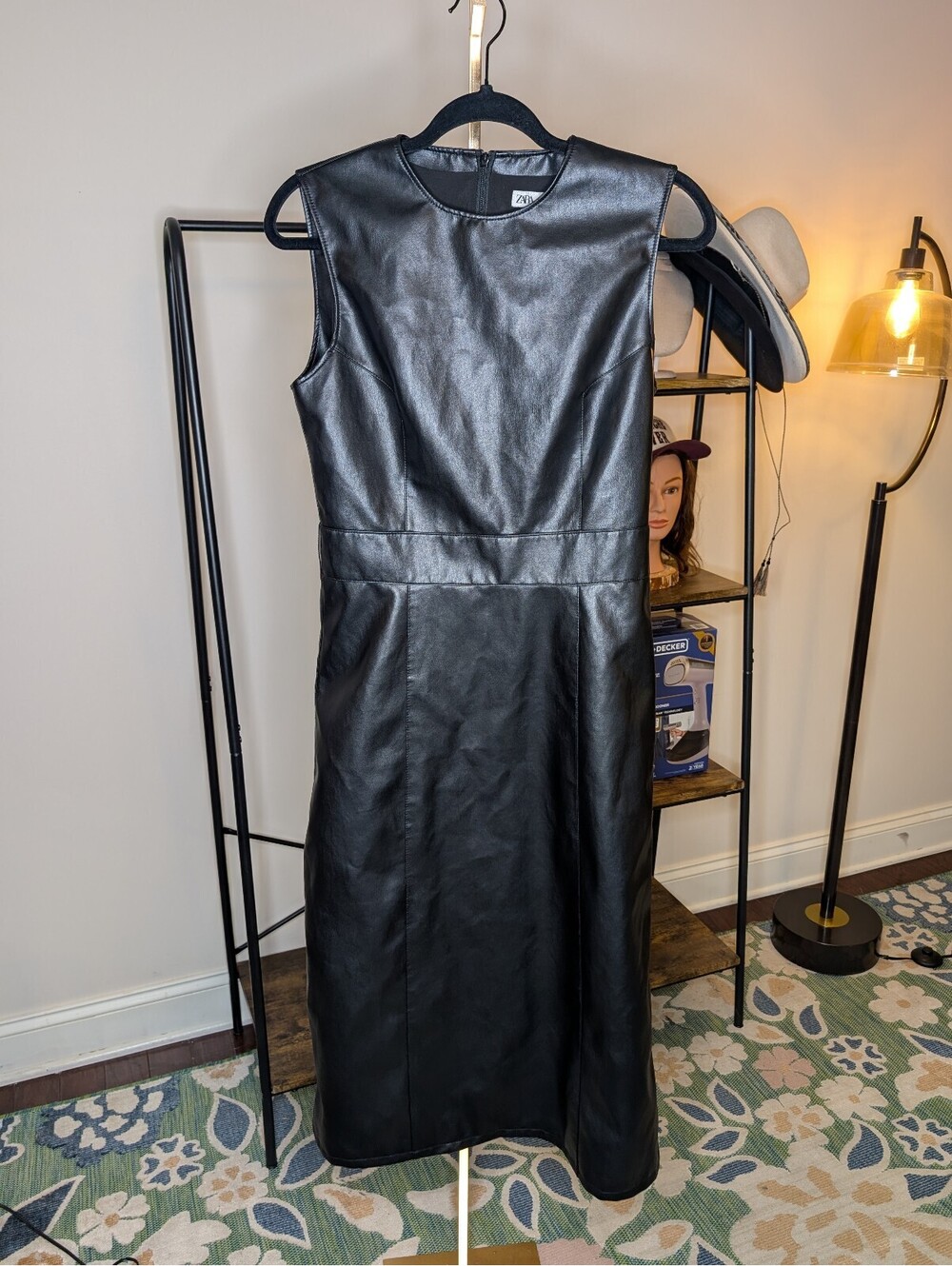 1851 - Zara Sleeveless Faux Leather Midi Dress in Black, Size M - Picture 2 of 10
